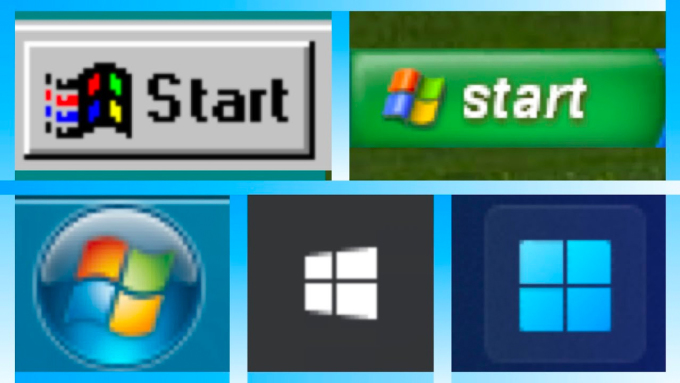 Nút Start trên Windows 95 (trên cùng bên trái) và các thiết kế trên phiên bản sau này. Ảnh: NobelTech