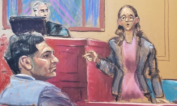 Minh họa Caroline Ellison và Sam Bankman-Fried tại tòa án. Ảnh: Jane Rosenberg