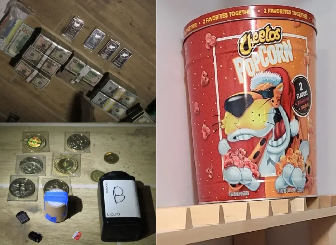 Những đồng xu Bitcoin, tiền mặt và ví Bitcoin giấu trong hộp đựng bỏng ngô được tìm thấy tại nhà Zhong. Ảnh: IRS Criminal Investigations